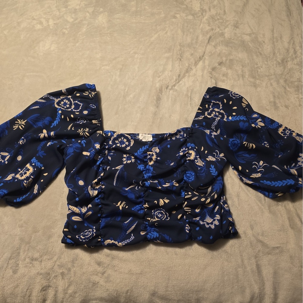 Cropped Floral Puff Sleeve Square Neck Feminine Romantic Boho Scrunch SZ XL